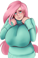 Size: 837x1265 | Tagged: safe, artist:sundown, character:fluttershy, species:human, big breasts, blushing, breasts, busty fluttershy, chubby, clothing, female, huge breasts, humanized, looking at you, plump, solo, sweatershy, winged humanization