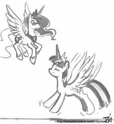 Size: 914x1000 | Tagged: safe, artist:johnjoseco, character:princess luna, character:twilight sparkle, character:twilight sparkle (alicorn), species:alicorn, species:pony, female, grayscale, hilarious in hindsight, mare, monochrome