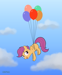 Size: 829x1000 | Tagged: safe, artist:empyu, character:pinkie pie, character:scootaloo, species:pegasus, species:pony, 30 minute art challenge, balloon, female, filly, floating, flying, scootaloo can fly, scootaloo can't fly, solo, then watch her balloons lift her up to the sky