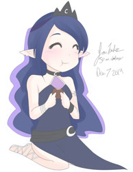 Size: 1164x1500 | Tagged: safe, artist:jonfawkes, character:princess luna, species:human, 30 minute art challenge, chibi, cute, eating, elf ears, female, humanized, moon pie, simple background, solo