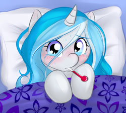 Size: 900x809 | Tagged: safe, artist:askbubblelee, oc, oc only, oc:bubble lee, oc:imago, species:pony, species:unicorn, bed, crying, cute, sick, solo, sweat, thermometer, weapons-grade cute