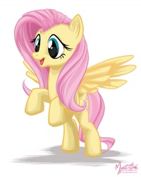Size: 825x1032 | Tagged: safe, artist:mysticalpha, character:fluttershy, species:pegasus, species:pony, female, mare, open mouth, rearing, simple background, smiling, solo, spread wings, three quarter view, white background, wings
