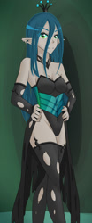 Size: 830x2000 | Tagged: safe, artist:jonfawkes, character:queen chrysalis, species:human, bottomless, clothing, crown, elf ears, female, humanized, leotard, no panties, solo