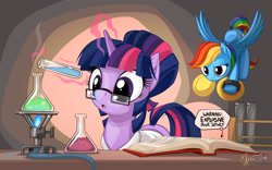 Size: 2560x1600 | Tagged: safe, artist:mysticalpha, character:rainbow dash, character:twilight sparkle, species:pegasus, species:pony, species:unicorn, :o, alternate hairstyle, beaker, book, bottle, bunsen burner, chemistry, clothing, cymbals, duo, erlenmeyer flask, female, glass, glasses, imminent death, incoming prank, levitation, magic, mare, prank, science, signature, telekinesis, test tube, this will end in explosions, this will end in tears, this will end in tears and/or death, wallpaper