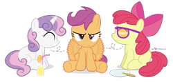 Size: 965x460 | Tagged: safe, artist:dm29, character:apple bloom, character:scootaloo, character:sweetie belle, species:pegasus, species:pony, cutie mark crusaders, disgruntled, drink, fan, flapping, fluttering, mundane utility, scootaloo is not amused, simple background, sunglasses, transparent background, trio, wings