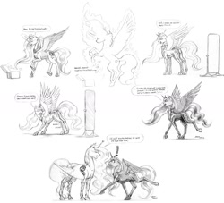Size: 1584x1440 | Tagged: safe, artist:baron engel, character:princess celestia, character:princess luna, character:twilight sparkle, bodysuit, clothing, comic, horn guard, magic, mirror, monochrome, pencil drawing, plushie, socks, thigh highs, traditional art, wing hold