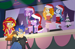 Size: 1930x1250 | Tagged: safe, artist:dm29, character:adagio dazzle, character:aria blaze, character:flash sentry, character:sonata dusk, character:sunset shimmer, character:twilight sparkle, character:twilight sparkle (alicorn), species:alicorn, equestria girls:rainbow rocks, g4, my little pony: equestria girls, my little pony:equestria girls, bare shoulders, blood, boombox, canterlot high, christmas, circling stars, clothing, concussion, frown, gritted teeth, hat, hearth's warming, jingle bell rock, mean girls, santa costume, santa hat, sleeveless, stage, strapless, tank top, wide eyes
