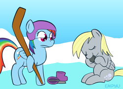 Size: 1000x723 | Tagged: safe, artist:empyu, character:derpy hooves, character:rainbow dash, species:pony, 30 minute art challenge, eyes closed, helmet, hockey, hockey puck, hockey stick, ice, ice skates, nibbling, nom, silly, silly pony, sitting