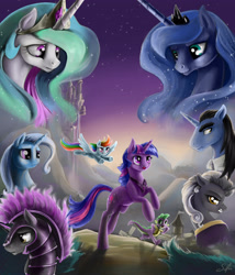 Size: 3456x4032 | Tagged: safe, artist:silfoe, character:princess celestia, character:princess luna, character:rainbow dash, character:spike, character:trixie, character:twilight sparkle, oc, species:pony, species:unicorn, armor, canterlot, commission, fanfic art, female, flying, frown, glare, gritted teeth, mare, nose wrinkle, open mouth, running, sad, smiling, spread wings, underhoof, wings