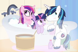 Size: 1110x750 | Tagged: safe, artist:dm29, character:princess cadance, character:shining armor, character:twilight sparkle, species:pony, species:unicorn, awkward, bath, bathtime, bathtub, blushing, bubble bath, chest fluff, claw foot bathtub, colt, cute, female, filly, julian yeo is trying to murder us, loose hair, male, open mouth, scrubbing, shower curtain, steam, trio, twiabetes, wet mane
