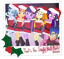 Size: 1300x1200 | Tagged: safe, artist:dm29, character:adagio dazzle, character:aria blaze, character:flash sentry, character:sonata dusk, character:sunset shimmer, character:twilight sparkle, character:twilight sparkle (alicorn), species:alicorn, equestria girls:rainbow rocks, g4, my little pony: equestria girls, my little pony:equestria girls, bare shoulders, christmas, clothing, dazed, hearth's warming, holly, kiss mark, mean girls, santa costume, sleeveless, strapless, the dazzlings