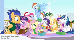 Size: 1600x875 | Tagged: safe, artist:dm29, character:applejack, character:flash sentry, character:fluttershy, character:pinkie pie, character:princess cadance, character:rainbow dash, character:rarity, character:shining armor, character:spike, character:twilight sparkle, character:twilight sparkle (alicorn), species:alicorn, species:pony, ship:flashlight, backwards cutie mark, book, christmas, christmas tree, clothing, crystal empire, female, hat, hearth's warming, holly, journey book, male, mane seven, mane six, mare, present, santa hat, shipping, straight, tree, wintertime