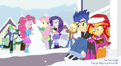 Size: 1600x875 | Tagged: safe, artist:dm29, character:applejack, character:flash sentry, character:fluttershy, character:pinkie pie, character:rainbow dash, character:rarity, character:sunset shimmer, equestria girls:rainbow rocks, g4, my little pony: equestria girls, my little pony:equestria girls, canterlot high, christmas, hearth's warming, journey book, snowball fight, snowman, wintertime