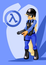 Size: 1061x1500 | Tagged: safe, artist:mysticalpha, character:applejack, species:anthro, species:unguligrade anthro, barney calhoun, crossover, female, glock 17, half-life, half-life: blue shift, looking at you, security guard, solo, trigger discipline