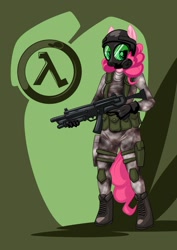 Size: 1061x1500 | Tagged: safe, artist:mysticalpha, character:pinkie pie, species:anthro, species:unguligrade anthro, adrian shephard, crossover, female, h.e.c.u., half-life, half-life: opposing force, looking at you, mp5, solo, trigger discipline