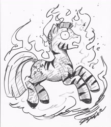 Size: 2550x2921 | Tagged: safe, artist:johnjoseco, artist:keanno, oc, oc only, oc:xjuan, species:zebra, fallout equestria, fire, grayscale, high res, monochrome, on fire, solo, traditional art, wide eyes