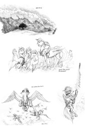 Size: 1100x1625 | Tagged: safe, artist:baron engel, character:rainbow dash, oc, oc:sky brush, cloud, fog, monochrome, pencil drawing, rocket, story in the source, traditional art, weather team