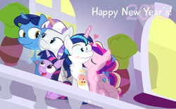 Size: 1160x720 | Tagged: safe, artist:dm29, character:night light, character:princess cadance, character:shining armor, character:twilight sparkle, character:twilight velvet, ship:shiningcadance, 2015, apple cider (drink), champagne, chest fluff, family, female, filly, filly twilight sparkle, fuzznums, happy new year, heart, kissing, male, shipping, straight