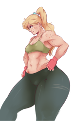 Size: 829x1405 | Tagged: safe, artist:sundown, character:applejack, species:human, alternate hairstyle, applebucking thighs, applejacked, armpits, belly button, clothing, female, gloves, humanized, midriff, muscles, ponytail, scar, simple background, solo, sweat, tank top, white background