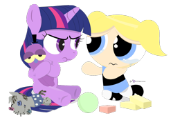 Size: 920x640 | Tagged: safe, artist:dm29, character:smarty pants, character:twilight sparkle, ball, blocks, bubbles (powerpuff girls), crossover, crying, duo, filly, filly twilight sparkle, kindergarten, mine!, octi, simple background, the powerpuff girls, this will end in tears, transparent background, voice actor joke