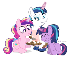 Size: 1110x900 | Tagged: safe, artist:dm29, character:princess cadance, character:shining armor, character:twilight sparkle, apron, brownies, chest fluff, clothing, eating, filly, fluffy, food, fuzznums, magic, simple background, transparent background, trio