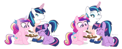 Size: 2220x900 | Tagged: safe, artist:dm29, character:princess cadance, character:shining armor, character:twilight sparkle, apron, brownies, chest fluff, clothing, comparison, eating, filly, food, fuzznums, magic, style comparison, trio