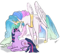Size: 1076x952 | Tagged: safe, artist:egophiliac, artist:lunarapologist, character:princess celestia, character:twilight sparkle, species:alicorn, species:pony, species:unicorn, colored, cute, eyes closed, female, mare, nuzzling, prone, smiling, spread wings, wings