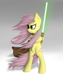 Size: 1280x1501 | Tagged: safe, artist:marsminer, character:fluttershy, species:pony, bipedal, carrot, cloak, clothing, crossover, flutterbadass, food, hoof hold, jedi, lightsaber, star wars