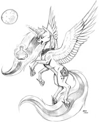 Size: 1100x1370 | Tagged: safe, artist:baron engel, character:princess luna, species:alicorn, species:pony, female, flying, grayscale, hoof shoes, literal, magic, mare, monochrome, moon, moonshine, pencil drawing, peytral, solo, telekinesis, traditional art