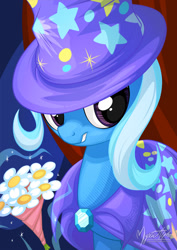 Size: 724x1023 | Tagged: safe, artist:mysticalpha, character:trixie, species:pony, species:unicorn, bouquet, female, flower, magic, mare, solo