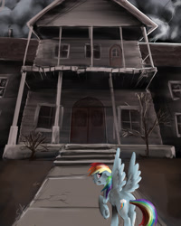Size: 2000x2500 | Tagged: safe, artist:silfoe, character:rainbow dash, female, floppy ears, gritted teeth, haunted house, looking back, raised hoof, scared, scaredy dash, solo, spread wings, underhoof, wings