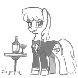 Size: 800x800 | Tagged: safe, artist:johnjoseco, character:berry punch, character:berryshine, alcohol, artifact, bottle, bow tie, clothing, female, glass, grayscale, jacket, monochrome, solo, table, wine
