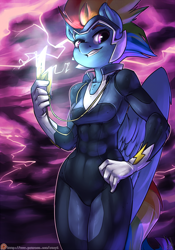 Size: 840x1200 | Tagged: safe, artist:atryl, character:rainbow dash, character:zapp, species:anthro, species:pegasus, species:pony, episode:power ponies, g4, my little pony: friendship is magic, abs, clothing, costume, female, grin, lightning, looking at you, magic, patreon, patreon logo, smiling, smirk, solo, superhero
