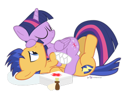 Size: 900x660 | Tagged: safe, artist:dm29, character:flash sentry, character:twilight sparkle, character:twilight sparkle (alicorn), species:alicorn, species:pony, ship:flashlight, backwards cutie mark, bandage, female, first aid kit, injured, male, mare, on back, shipping, simple background, straight, transparent background