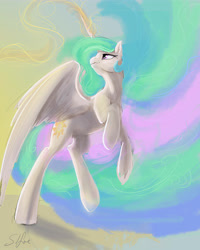 Size: 4500x5625 | Tagged: safe, artist:silfoe, character:princess celestia, species:alicorn, species:pony, royal sketchbook, absurd resolution, ethereal mane, female, flying, magic, mare, raised hoof, solo