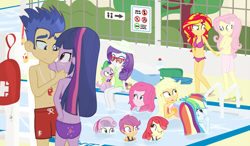 Size: 1500x875 | Tagged: safe, artist:dm29, character:apple bloom, character:applejack, character:flash sentry, character:fluttershy, character:pinkie pie, character:rainbow dash, character:rarity, character:scootaloo, character:spike, character:sunset shimmer, character:sweetie belle, character:twilight sparkle, character:twilight sparkle (alicorn), species:alicorn, species:dog, species:pegasus, species:pony, ship:flashlight, ship:sparity, ship:sunshyne, my little pony:equestria girls, bare chest, beach ball, belly button, bikini, breasts, buttcrack, cleavage, clothing, cutie mark crusaders, feet, female, floaty, ice cream cone, inflatable, lifeguard, male, mane seven, mane six, sandals, sarong, shipping, spike the dog, straight, sunglasses, surprised, swim trunks, swimming pool, swimsuit, topless, water wings, whistle