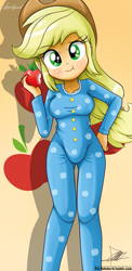 Size: 645x1321 | Tagged: safe, artist:the-butch-x, character:applejack, my little pony:equestria girls, apple, beautiful, beautiful x, clothing, cute, female, footed sleeper, hand on hip, jackabetes, onesie, pajamas, solo