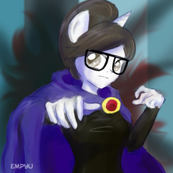 Size: 1000x1000 | Tagged: safe, artist:empyu, character:raven inkwell, species:anthro, 30 minute art challenge, ambiguous facial structure, cosplay, glasses, namesake, pun, raven (teen titans), solo