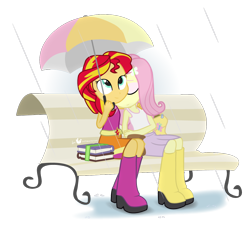 Size: 1050x950 | Tagged: safe, artist:dm29, character:fluttershy, character:sunset shimmer, my little pony:equestria girls, backpack, book, boots, clothing, friendshipping, head on shoulder, julian yeo is trying to murder us, park bench, rain, rain boots, simple background, skirt, tank top, transparent background, umbrella, younger