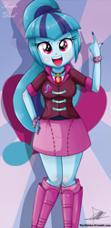 Size: 645x1321 | Tagged: safe, artist:the-butch-x, character:sonata dusk, my little pony:equestria girls, beautiful, beautiful x, bracelet, clothing, cute, explicit source, female, hand on hip, open mouth, skirt, solo, sonatabetes, sunburst background