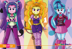Size: 1441x984 | Tagged: safe, artist:the-butch-x, character:adagio dazzle, character:aria blaze, character:sonata dusk, equestria girls:rainbow rocks, g4, my little pony: equestria girls, my little pony:equestria girls, adoragio, ariabetes, beautiful, beautiful x, crossed arms, cute, grin, hand on hip, looking at you, open mouth, smiling, sonatabetes, sunburst background, the dazzlings