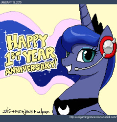Size: 800x836 | Tagged: safe, artist:johnjoseco, character:princess luna, gamer luna, anniversary, ask gaming princess luna, female, grin, headphones, looking at you, pixel art, smiling, solo