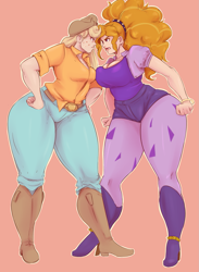 Size: 1131x1545 | Tagged: safe, artist:sundown, character:adagio dazzle, character:applejack, species:human, adagio dat-azzle, angry, applebucking thighs, big breasts, breasts, busty adagio dazzle, busty applejack, cleavage, dazzlejack, female, freckles, humanized, lesbian, scar, shipping, stare, thighs, wide hips