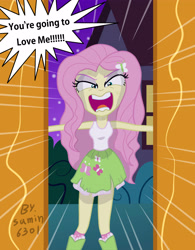 Size: 3266x4182 | Tagged: safe, artist:sumin6301, character:fluttershy, episode:the best night ever, g4, my little pony: friendship is magic, my little pony:equestria girls, boots, clothing, equestria girls interpretation, female, flutterrage, miniskirt, scene interpretation, shoes, skirt, socks, solo, tank top, torn clothes, you're going to love me