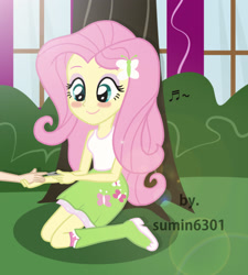 Size: 2614x2907 | Tagged: safe, artist:sumin6301, character:fluttershy, my little pony:equestria girls, blushing, boots, clothing, cute, fingernails, high heel boots, lens flare, music notes, nail clipper, offscreen character, skirt, socks, solo focus, tank top, tree