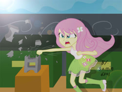 Size: 2000x1500 | Tagged: safe, artist:sumin6301, character:fluttershy, my little pony:equestria girls, angry, boots, cinder block, clothing, female, flutterrage, high heel boots, karate, lens flare, punch, raised leg, skirt, socks, solo, tank top