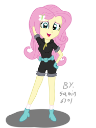 Size: 2000x2666 | Tagged: safe, artist:sumin6301, character:fluttershy, my little pony:equestria girls, arm behind head, clothing, cute, dangerous mission outfit, female, gloves, looking at you, open mouth, simple background, smiling, solo, white background