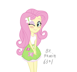 Size: 1644x1536 | Tagged: safe, artist:sumin6301, character:fluttershy, my little pony:equestria girls, blushing, clothing, female, skirt, solo, tank top, wink