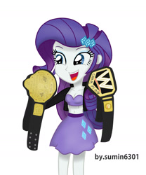 Size: 1536x1842 | Tagged: safe, artist:sumin6301, character:rarity, my little pony:equestria girls, adorasexy, belly button, belt, bra, championship belt, cleavage, clothing, cute, female, midriff, sexy, solo, underwear, wrestling, wwe