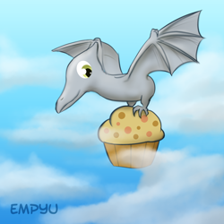 Size: 1000x1000 | Tagged: safe, artist:empyu, character:derpy hooves, female, muffin, pterosaur, solo, species swap